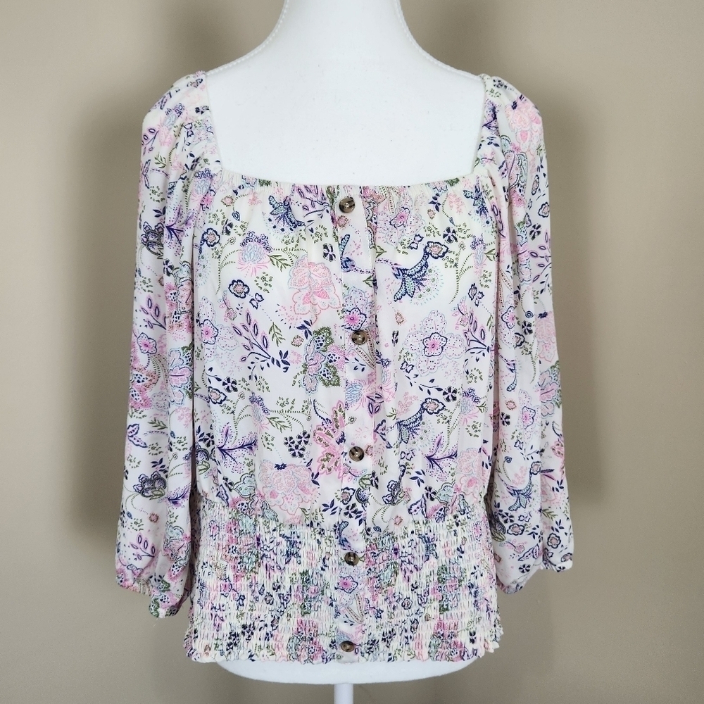 No Boundaries Square Neck Peasant Top Off White Floral Size XXXL/3XG